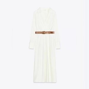 Zara Ivory Satin Effect Maxi Dress Belted | Size S | Long Sleeve Draped | NWOT